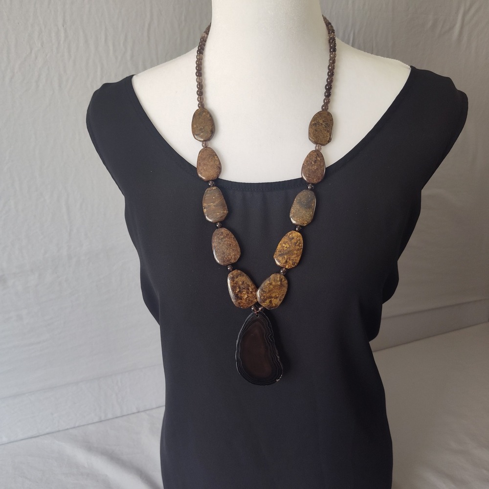 Natural Black Agate Slice & Brown Jasper Beaded Statement Necklace‎ Earthy Brown